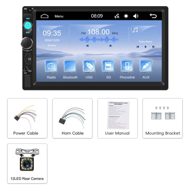 7 Inch Wired Carplay Dual Butt MP5 Player Bluetooth Big Screen Car Center Control, Spec: Standard+12 Light Camera - Car MP3 & MP4 & MP5 by buy2fix | Online Shopping UK | buy2fix