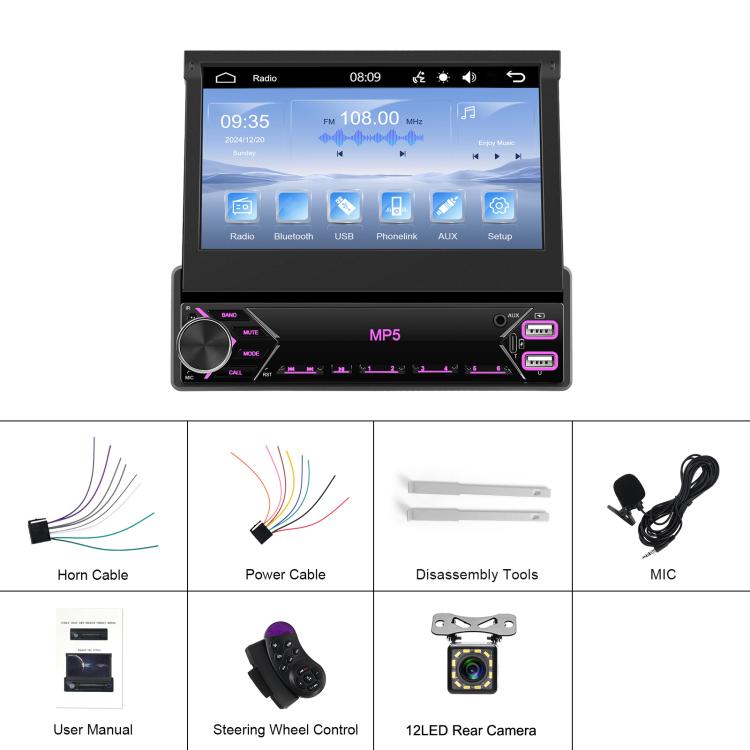 7 inch Universal Manual Retractable Screen Car MP5 Player Car Center Control All-in-One Wired Carplay, Spec: Standard+12 Light Camera - Car MP3 & MP4 & MP5 by buy2fix | Online Shopping UK | buy2fix