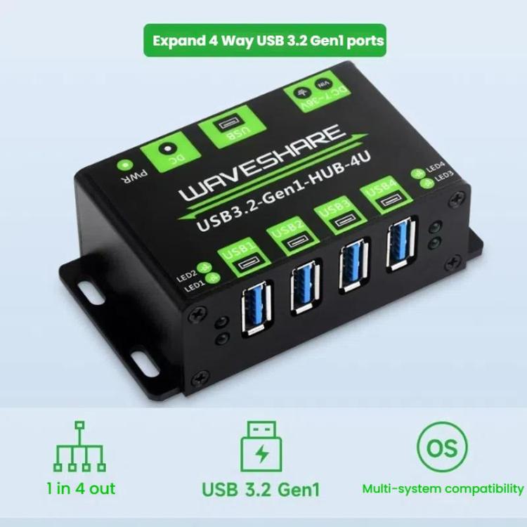 WAVESHARE USB3.2-Gen1-HUB-4U 4 Way USB 3.2 Hub 1 To 4 Metal Case Extender - USB 3.0 HUB by WAVESHARE | Online Shopping UK | buy2fix