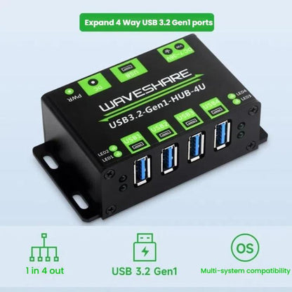 WAVESHARE USB3.2-Gen1-HUB-4U 4 Way USB 3.2 Hub 1 To 4 Metal Case Extender - USB 3.0 HUB by WAVESHARE | Online Shopping UK | buy2fix