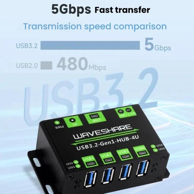WAVESHARE USB3.2-Gen1-HUB-4U 4 Way USB 3.2 Hub 1 To 4 Metal Case Extender - USB 3.0 HUB by WAVESHARE | Online Shopping UK | buy2fix