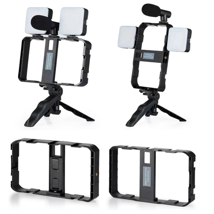Smartphone Cage Stabilizer with Microphone & LED Fill Light - Anti-Shake Handheld Gimbal for Vlogging - Stand by buy2fix | Online Shopping UK | buy2fix