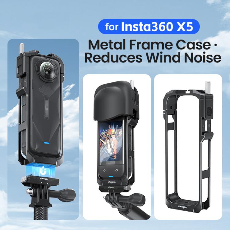 aMagisn Metal Cage for Insta360 X5 Wind Noise Reduction, Shockproof Mount with Dual Cold Shoe(Black) - Mount & Holder by aMagisn | Online Shopping UK | buy2fix