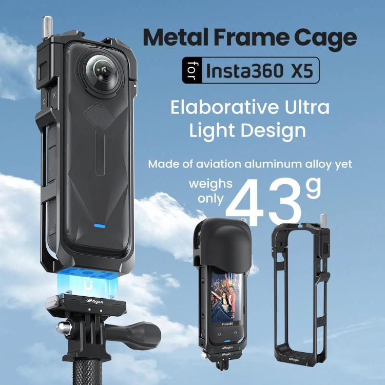 aMagisn Metal Cage for Insta360 X5 Wind Noise Reduction, Shockproof Mount with Dual Cold Shoe(Black) - Mount & Holder by aMagisn | Online Shopping UK | buy2fix