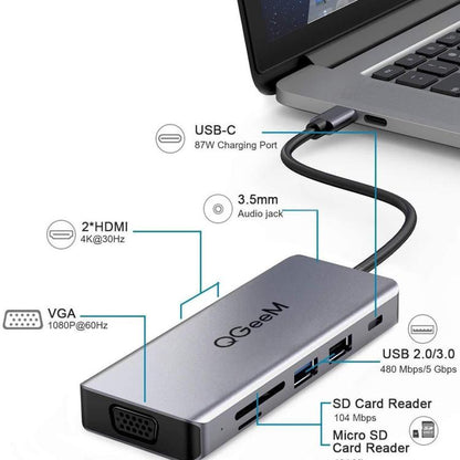 QGeeM 9 In 1 USB-C/Type-C Docking Station Hub VGA+2xHDMI+PD 87W+USB2.0/USB3.0+SD/Micro SD+3.5mm - USB HUB by QGeeM | Online Shopping UK | buy2fix