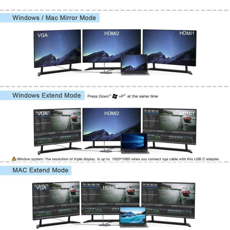 QGeeM 9 In 1 USB-C/Type-C Docking Station Hub VGA+2xHDMI+PD 87W+USB2.0/USB3.0+SD/Micro SD+3.5mm - USB HUB by QGeeM | Online Shopping UK | buy2fix