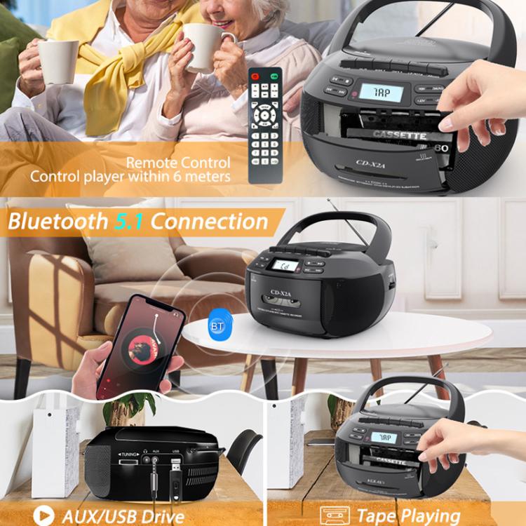 X2A Portable Cassette Player Stereo Bluetooth AM/FM/MP3 Music CD Player Tape Recorder UK Plug(White) - DVD & LCD Player by buy2fix | Online Shopping UK | buy2fix