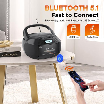 X2A Portable Cassette Player Stereo Bluetooth AM/FM/MP3 Music CD Player Tape Recorder UK Plug(Black) - DVD & LCD Player by buy2fix | Online Shopping UK | buy2fix