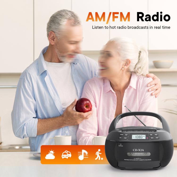 X2A Portable Cassette Player Stereo Bluetooth AM/FM/MP3 Music CD Player Tape Recorder EU Plug(Black) - DVD & LCD Player by buy2fix | Online Shopping UK | buy2fix