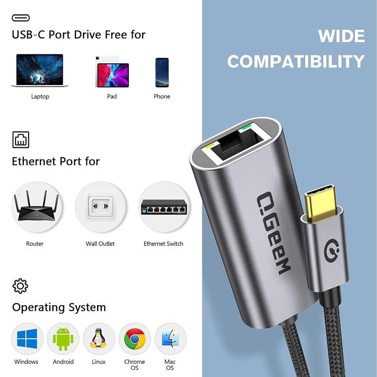 QGeeM  USB-C/Type-C To RJ45 LAN Converter Gigabit Ethernet Adapter for Laptop, PC, Smartphone, Plug & Play Cable Length 15cm - Cable & Adapters by QGeeM | Online Shopping UK | buy2fix