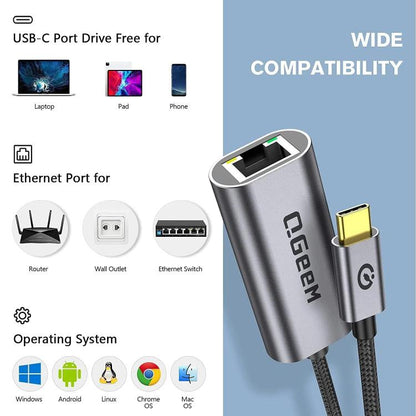 QGeeM  USB-C/Type-C To RJ45 LAN Converter Gigabit Ethernet Adapter for Laptop, PC, Smartphone, Plug & Play Cable Length 15cm - Cable & Adapters by QGeeM | Online Shopping UK | buy2fix