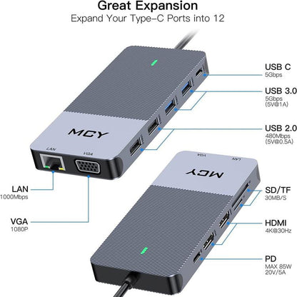 MCY 12-In-1 USB-C Hub With Triple Monitor Support (1000Mbps Lan+VGA+USB3.0/USB2.0+SD/TF+2 HDMI 4K 30Hz+85W PD） - HUB with Lan adapter by MCY | Online Shopping UK | buy2fix