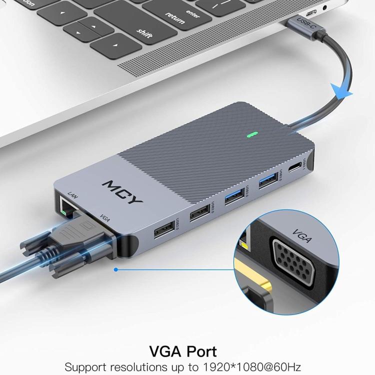 MCY 12-In-1 USB-C Hub With Triple Monitor Support (1000Mbps Lan+VGA+USB3.0/USB2.0+SD/TF+2 HDMI 4K 30Hz+85W PD） - HUB with Lan adapter by MCY | Online Shopping UK | buy2fix