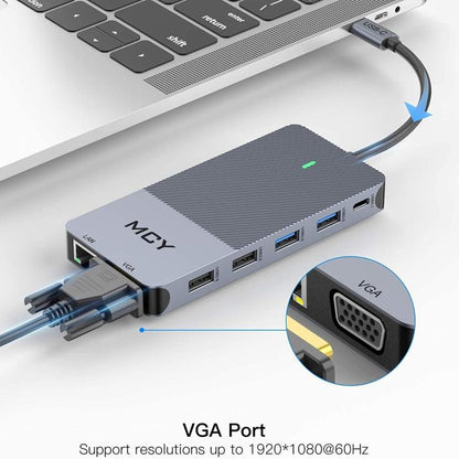 MCY 12-In-1 USB-C Hub With Triple Monitor Support (1000Mbps Lan+VGA+USB3.0/USB2.0+SD/TF+2 HDMI 4K 30Hz+85W PD） - HUB with Lan adapter by MCY | Online Shopping UK | buy2fix