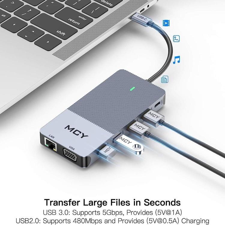 MCY 12-In-1 USB-C Hub With Triple Monitor Support (1000Mbps Lan+VGA+USB3.0/USB2.0+SD/TF+2 HDMI 4K 30Hz+85W PD） - HUB with Lan adapter by MCY | Online Shopping UK | buy2fix