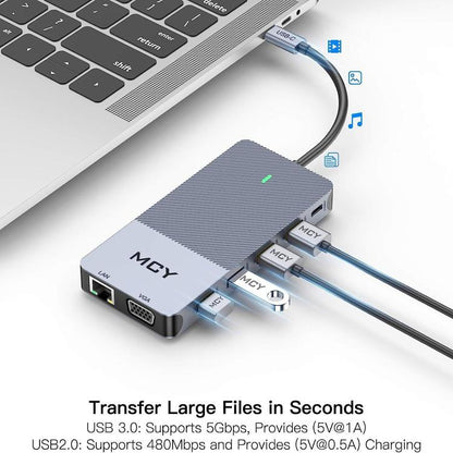 MCY 12-In-1 USB-C Hub With Triple Monitor Support (1000Mbps Lan+VGA+USB3.0/USB2.0+SD/TF+2 HDMI 4K 30Hz+85W PD） - HUB with Lan adapter by MCY | Online Shopping UK | buy2fix