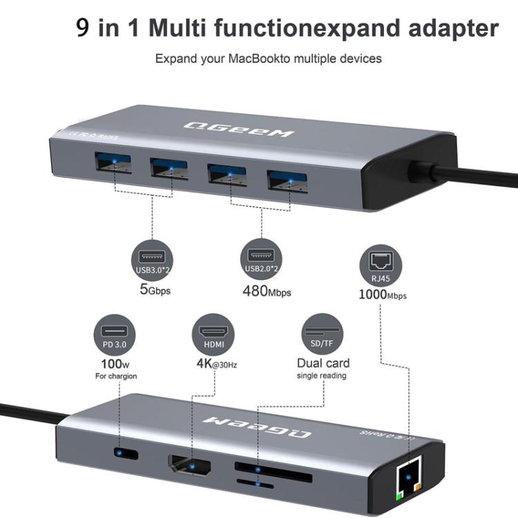 QGeeM 9 In 1 USB-C/Type-C Docking Station Hub RJ45+4K 30Hz HDMI+PD 85W+USB2.0/USB3.0+SD/TF - HUB with Lan adapter by QGeeM | Online Shopping UK | buy2fix