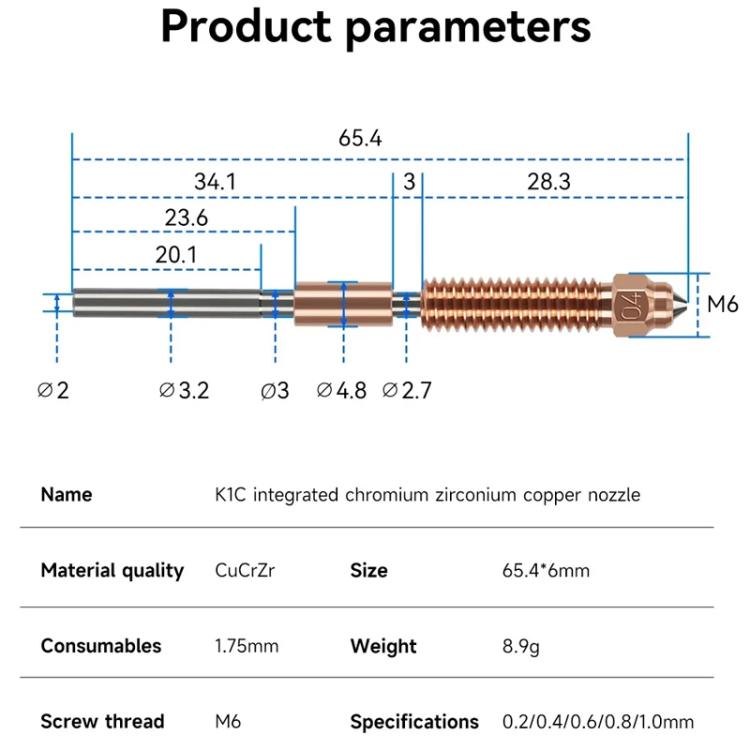 1.75/0.2mm All-in-One Chrome Zirconium Copper Nozzle for Creality Ender-3 V3/K1C/K1 Max 3D Printers - Parts by buy2fix | Online Shopping UK | buy2fix