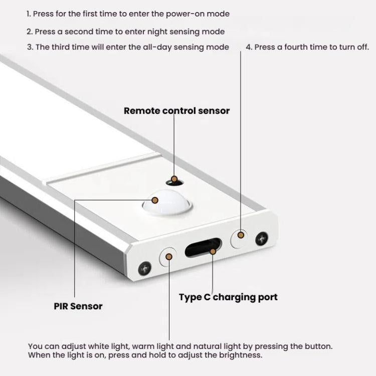 60cm Rechargeable Motion Sensor Light Bar Cabinet Wardrobe Lamp With Remote Control Silver - Sensor LED Lights by buy2fix | Online Shopping UK | buy2fix