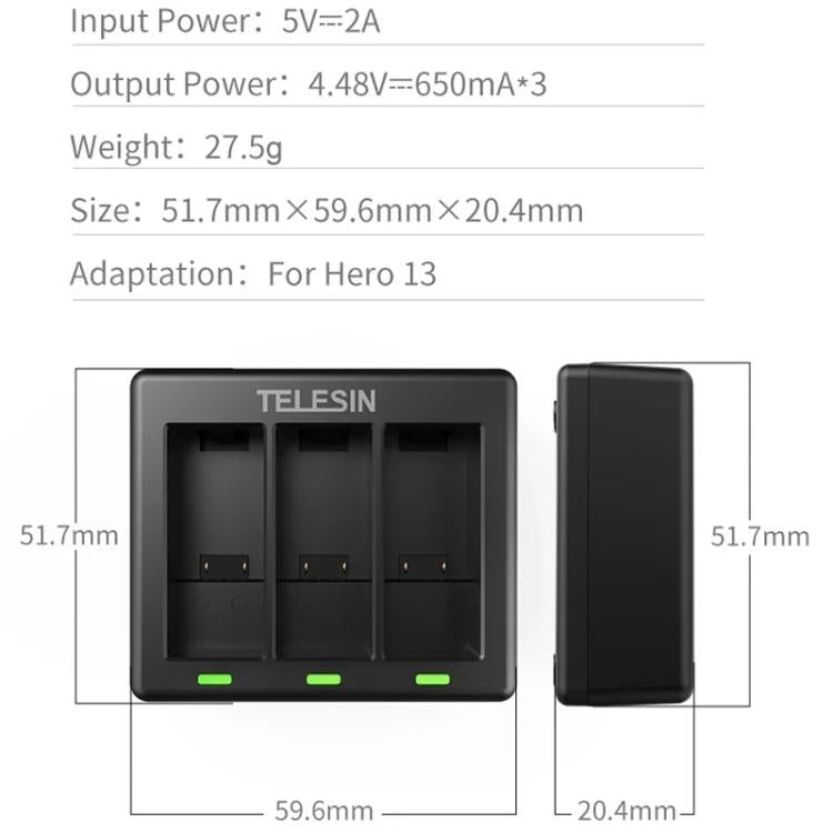 For GoPro HERO13 Black TELESIN 3 Slots Charging Base Action Camera Accessories(Black) - Charger by TELESIN | Online Shopping UK | buy2fix