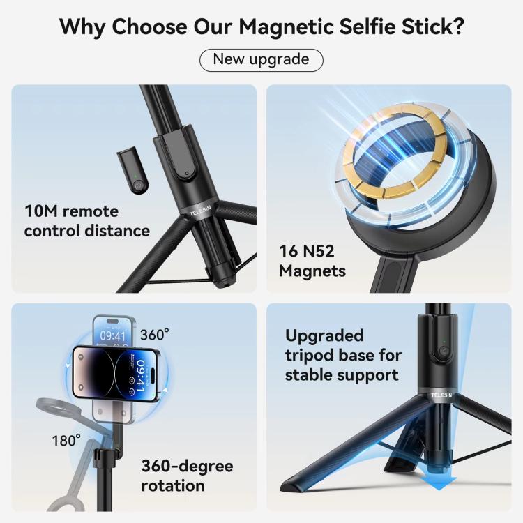 TELESIN 1.3m Magnetic Selfie Stick Tripod Phone Stand for Outdoor Vlog & Live Streaming with Bluetooth Remote(Black) - Stand by TELESIN | Online Shopping UK | buy2fix