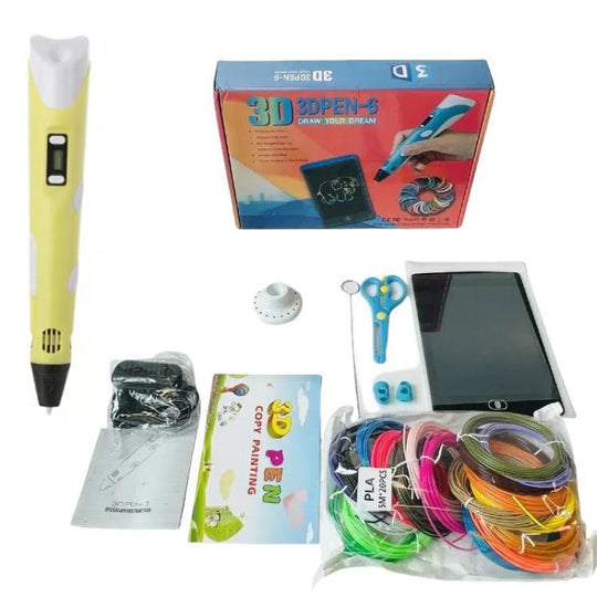 Hand-held 3D Printing Pen Kit with 20 Colors PLA Filament, Drawing Pad, Base, Scissors, Finger Guards, Art Book & Accessories US Plug(Yellow)