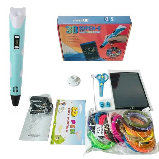 Hand-held 3D Printing Pen Kit with 20 Colors PLA Filament, Drawing Pad, Base, Scissors, Finger Guards, Art Book & Accessories UK Plug(Blue)