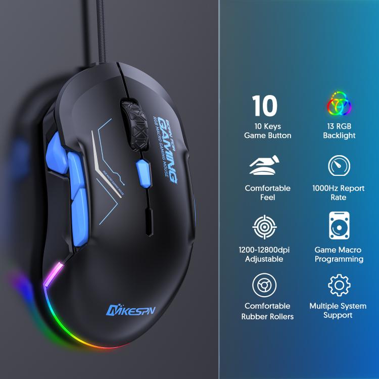 MKESPN 12800 DPI Ambidextrous Wired Gaming Mouse - 10 Programmable Buttons, RGB Customization, Symmetrical Design(Black Blue) - Wired Mice by MKESPN | Online Shopping UK | buy2fix