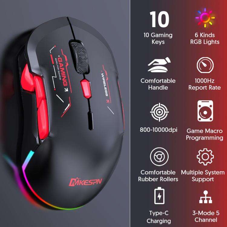 MKESPN W12 Tri-Mode 5-Channel Gaming Mouse 10-Key 10000 DPI Ambidextrous Design RGB Macro Mouse(Blue) - Wireless Mice by MKESPN | Online Shopping UK | buy2fix