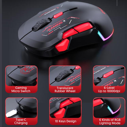 MKESPN W12 Tri-Mode 5-Channel Gaming Mouse 10-Key 10000 DPI Ambidextrous Design RGB Macro Mouse(Red) - Wireless Mice by MKESPN | Online Shopping UK | buy2fix
