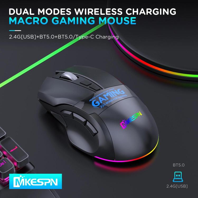 MKESPN W10 Tri-Mode Wireless Gaming Mouse 2400DPI with 9 Programmable Buttons, RGB Lighting, Type-C Rechargeable(Black) - Wireless Mice by MKESPN | Online Shopping UK | buy2fix