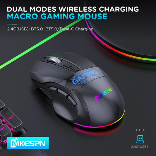 MKESPN W10 Tri-Mode Wireless Gaming Mouse 2400DPI with 9 Programmable Buttons, RGB Lighting, Type-C Rechargeable(Black) - Wireless Mice by MKESPN | Online Shopping UK | buy2fix