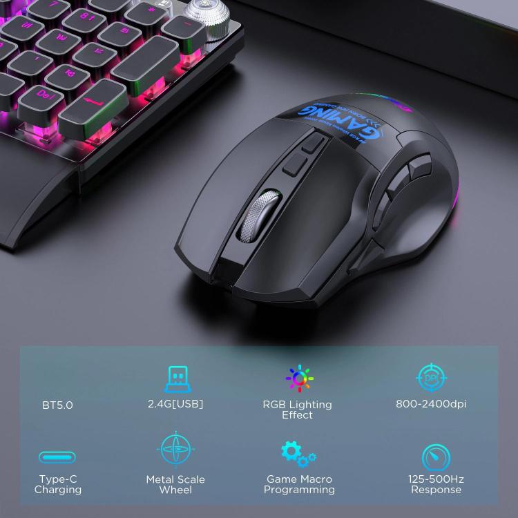 MKESPN W10 Tri-Mode Wireless Gaming Mouse 2400DPI with 9 Programmable Buttons, RGB Lighting, Type-C Rechargeable(Black) - Wireless Mice by MKESPN | Online Shopping UK | buy2fix