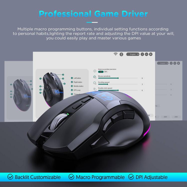 MKESPN W10 Tri-Mode Wireless Gaming Mouse 2400DPI with 9 Programmable Buttons, RGB Lighting, Type-C Rechargeable(Black) - Wireless Mice by MKESPN | Online Shopping UK | buy2fix