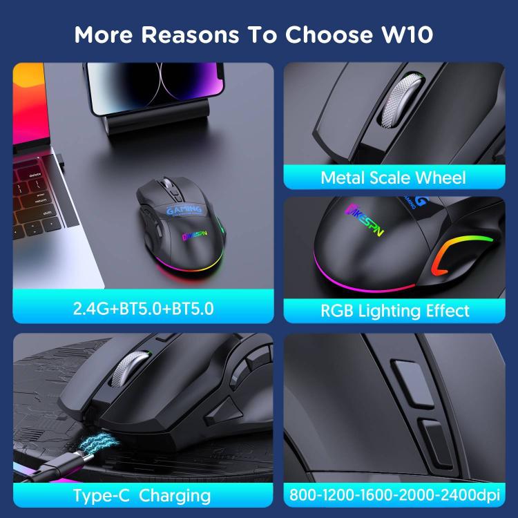 MKESPN W10 Tri-Mode Wireless Gaming Mouse 2400DPI with 9 Programmable Buttons, RGB Lighting, Type-C Rechargeable(Black) - Wireless Mice by MKESPN | Online Shopping UK | buy2fix