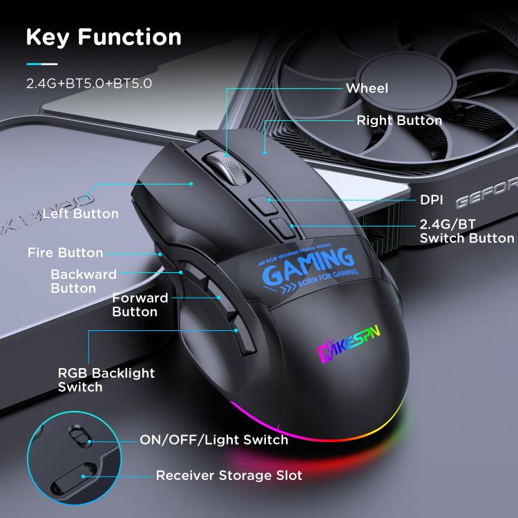 MKESPN W10 Tri-Mode Wireless Gaming Mouse 2400DPI with 9 Programmable Buttons, RGB Lighting, Type-C Rechargeable(Black) - Wireless Mice by MKESPN | Online Shopping UK | buy2fix