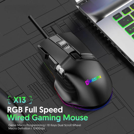 MKESPN X13 RGB Full Speed Wired Gaming Mouse 12400 DPI 10-Key Dual Scroll Wheel Swing Macro Programmable Mouse(Black) - Wired Mice by MKESPN | Online Shopping UK | buy2fix