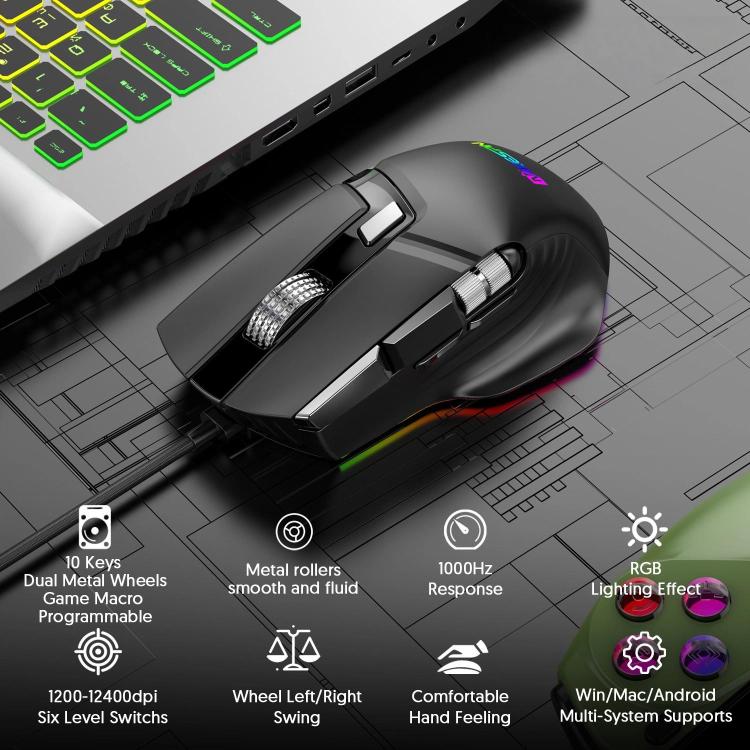 MKESPN X13 RGB Full Speed Wired Gaming Mouse 12400 DPI 10-Key Dual Scroll Wheel Swing Macro Programmable Mouse(Black) - Wired Mice by MKESPN | Online Shopping UK | buy2fix