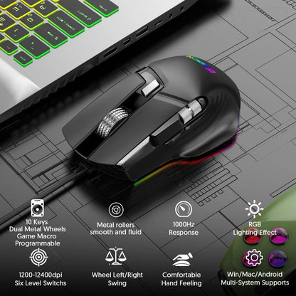 MKESPN X13 RGB Full Speed Wired Gaming Mouse 12400 DPI 10-Key Dual Scroll Wheel Swing Macro Programmable Mouse(Black) - Wired Mice by MKESPN | Online Shopping UK | buy2fix