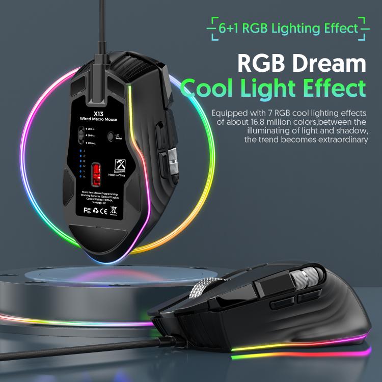 MKESPN X13 RGB Full Speed Wired Gaming Mouse 12400 DPI 10-Key Dual Scroll Wheel Swing Macro Programmable Mouse(Black) - Wired Mice by MKESPN | Online Shopping UK | buy2fix