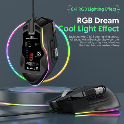 MKESPN X13 RGB Full Speed Wired Gaming Mouse 12400 DPI 10-Key Dual Scroll Wheel Swing Macro Programmable Mouse(Black) - Wired Mice by MKESPN | Online Shopping UK | buy2fix