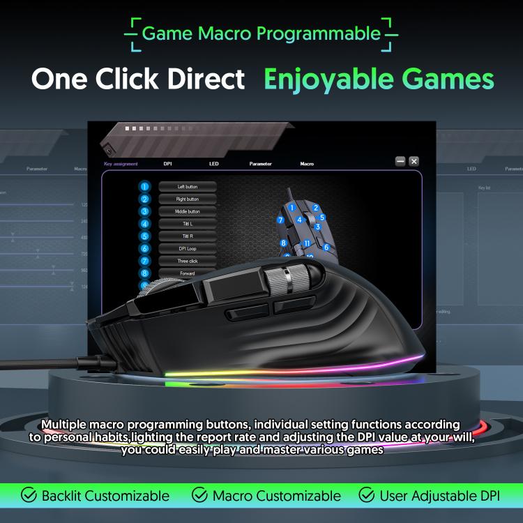 MKESPN X13 RGB Full Speed Wired Gaming Mouse 12400 DPI 10-Key Dual Scroll Wheel Swing Macro Programmable Mouse(Black) - Wired Mice by MKESPN | Online Shopping UK | buy2fix