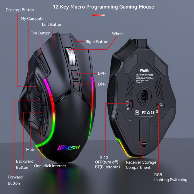 MKESPN W605 Triple-Mode 24000 DPI 12-key Wireless Gaming Mouse Macro Customization(Black) - Wireless Mice by MKESPN | Online Shopping UK | buy2fix
