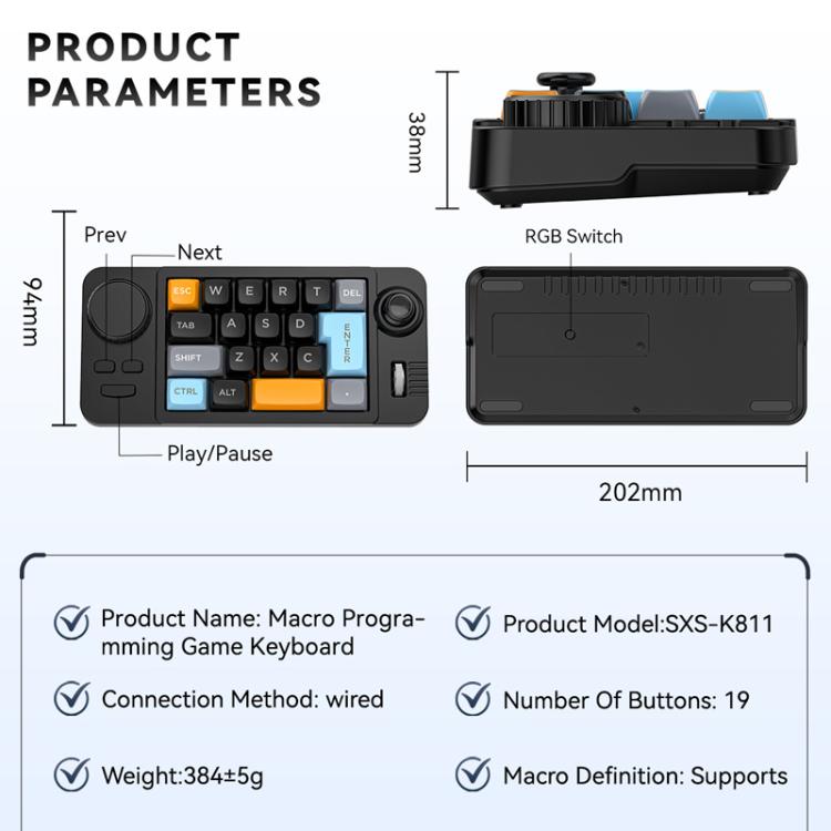 MKESPN  19-Key USB-C Wired Gaming Keyboard Macro Programmable Hot-Swappable Design with Control Knob & Joystick Scroll Wheel(Black) - Mini Keyboard by MKESPN | Online Shopping UK | buy2fix