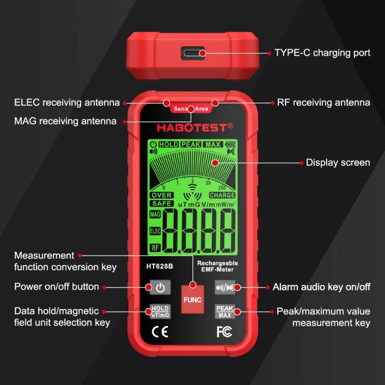 HABOTEST HT628B Multi-Field EMF Meter Rechargeable Electromagnetic Radiation Tester - Radiation Detector by HABOTEST | Online Shopping UK | buy2fix