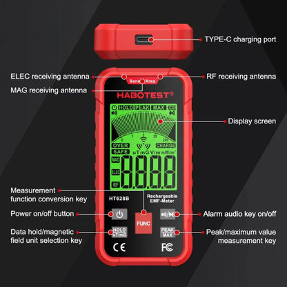 HABOTEST HT628B Multi-Field EMF Meter Rechargeable Electromagnetic Radiation Tester - Radiation Detector by HABOTEST | Online Shopping UK | buy2fix
