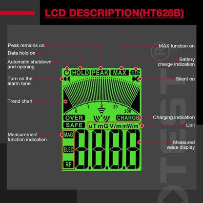 HABOTEST HT628B Multi-Field EMF Meter Rechargeable Electromagnetic Radiation Tester - Radiation Detector by HABOTEST | Online Shopping UK | buy2fix