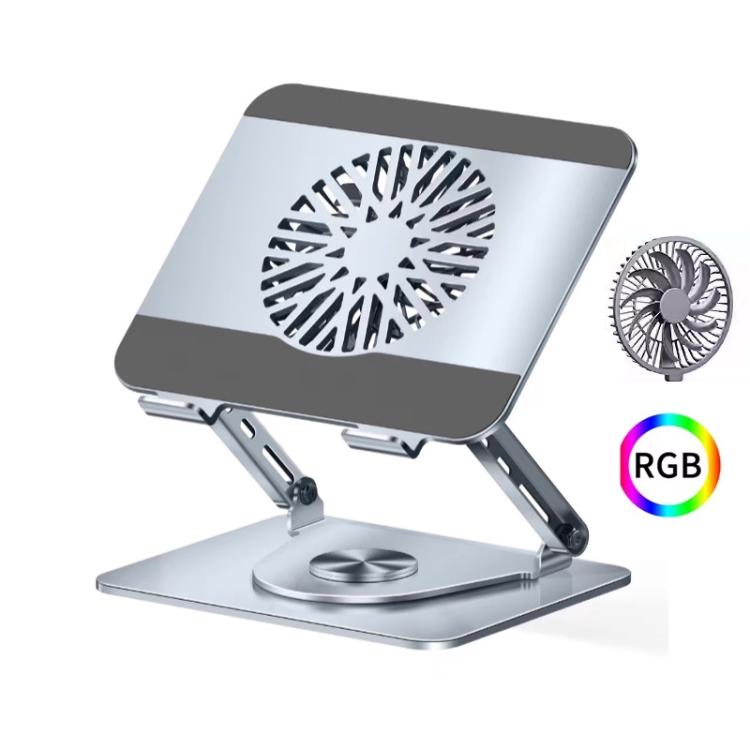 360 Rotating Laptop Stand Foldable Metal Desk Holder For 17.3 Inch Laptops Tablets With RGB Cooling Fan Silver - Laptop Stand by buy2fix | Online Shopping UK | buy2fix