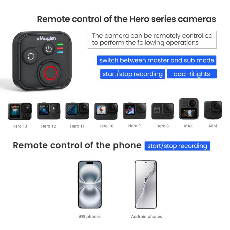 aMagisn Wireless Bluetooth Remote Control for Insta360, GoPro Hero Cameras & Smartphones - 50m Long Range - Others by aMagisn | Online Shopping UK | buy2fix