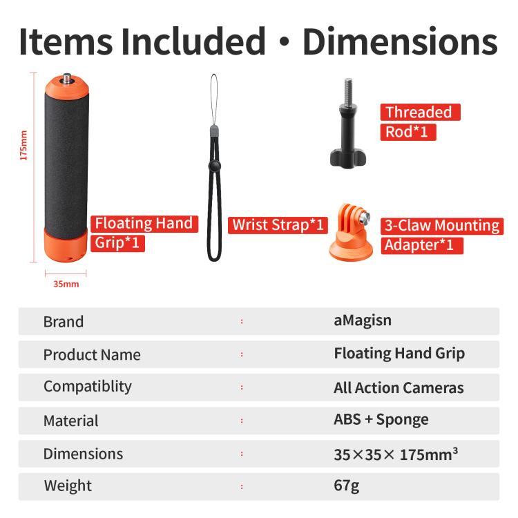 aMagisn Universal Floating Hand Grip for Action Cameras with Triple Claw & 1/4-inch Screw Mount(Black Orange) - Floating Grip & Ball by aMagisn | Online Shopping UK | buy2fix